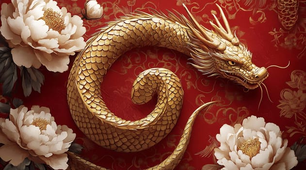 A golden dragon coils gracefully around white peonies against a vibrant red backdrop, showcasing intricate details and artistic design.