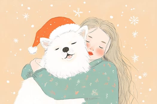 A girl with long hair warmly embraces a fluffy white dog wearing a festive hat, surrounded by snowflakes.