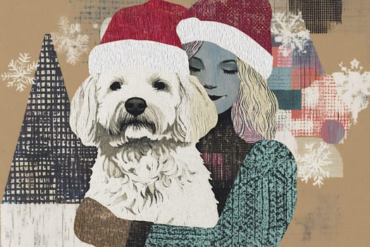 A girl in a festive sweater joyfully holds her dog, both wearing Santa hats, celebrating the holiday season together.