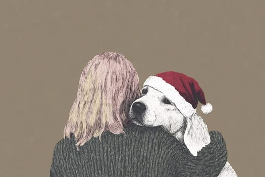A person in a cozy sweater lovingly holds a dog wearing a festive Santa hat, capturing a heartwarming holiday moment.