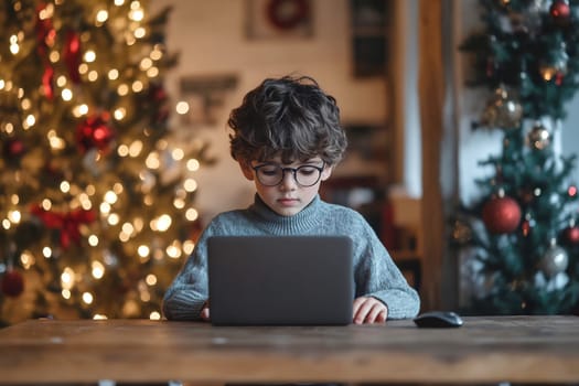A boy wearing glasses works on a laptop at a wooden table, surrounded by festive Christmas decorations and lights.