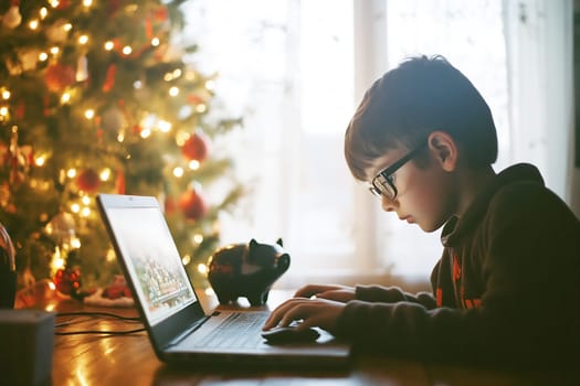 A young boy sits at a table, focused on his laptop, with a beautifully decorated Christmas tree glowing in the background.