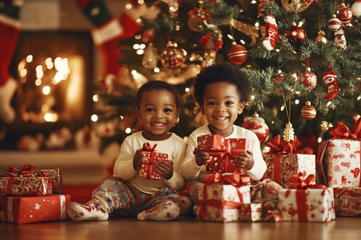 Two smiling children sit by a beautifully decorated Christmas tree, excitedly holding wrapped presents and enjoying the festive atmosphere.
