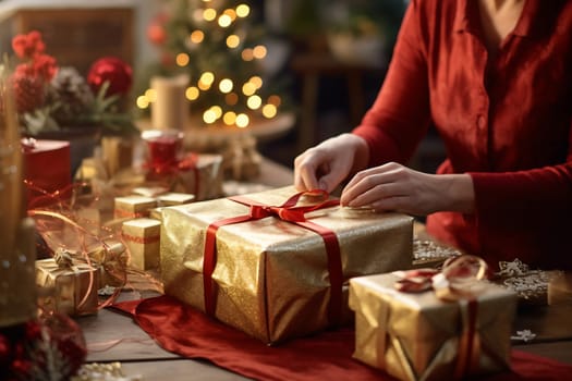 A person dressed in red prepares beautifully wrapped gifts with ribbons, surrounded by festive decorations and soft lights, evoking holiday cheer.
