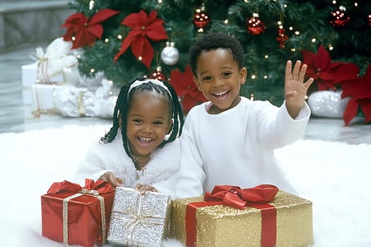 Two joyful children sit on a fluffy surface by a decorated Christmas tree, surrounded by colorful gifts and festive decorations.