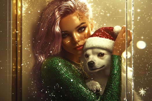 A woman in a sparkling green outfit hugs a small dog wearing a Santa hat, surrounded by a festive, sparkling atmosphere.