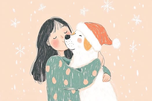 A young girl lovingly kisses her dog, both enjoying a festive winter atmosphere with snowflakes and holiday cheer.