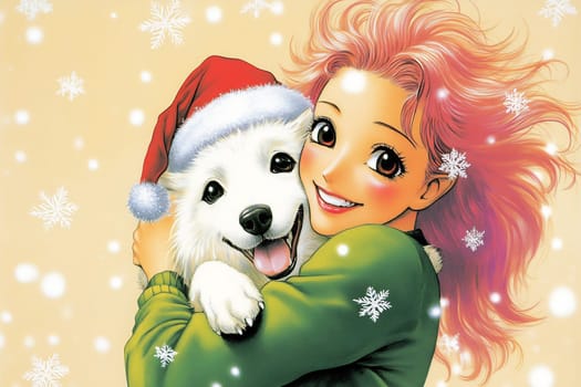 A young girl with pink hair happily hugs her fluffy white dog, celebrating a festive moment with snowflakes.