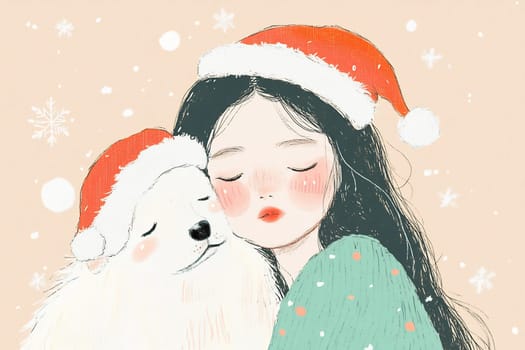 A girl embraces a fluffy white dog, both wearing Santa hats, surrounded by gentle winter snowflakes in a festive atmosphere.