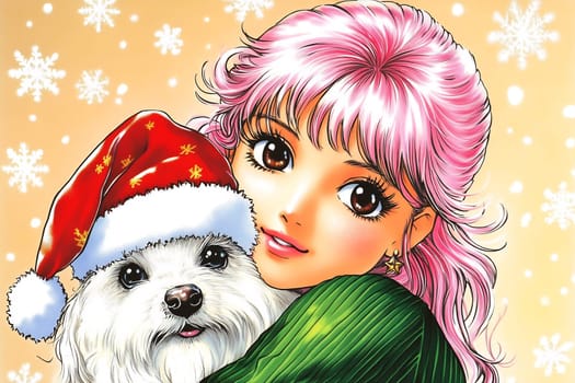 A girl with pink hair joyfully holds a small dog wearing a Santa hat against a snowy background, celebrating the holiday spirit.