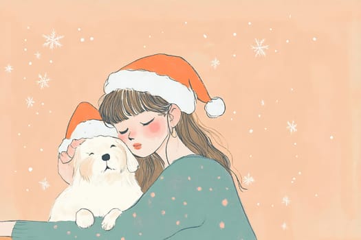 A girl in a green sweater hugs a fluffy dog, both wearing festive hats, celebrating the warmth of the holiday season.