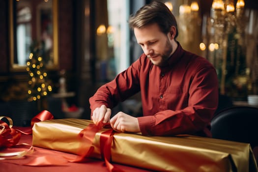 A man carefully wraps a golden gift, tying a red ribbon around it, in a festive setting decorated with holiday lights.