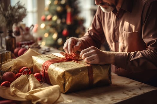 A person carefully ties a red ribbon around a beautifully wrapped gold gift, preparing for the festive Christmas celebration.