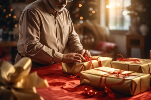An elderly man carefully wraps golden presents with red ribbons at home, embracing the festive spirit in a warm setting.