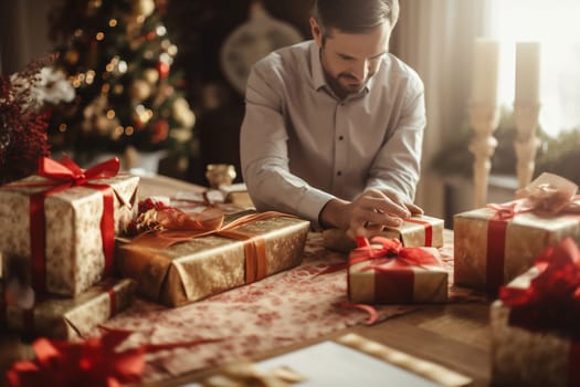 A man carefully wraps colorful Christmas presents on a wooden table while a decorated tree glows warmly in the background.