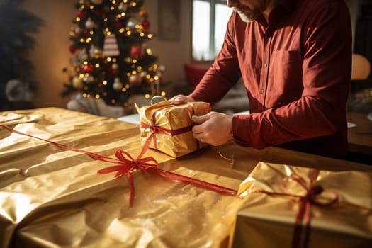 A person carefully wraps a present with golden paper near a beautifully decorated Christmas tree, creating a festive atmosphere.