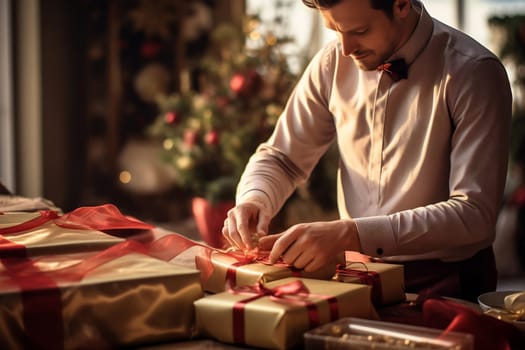 A man skillfully wraps holiday presents with ribbons at a cozy, decorated space filled with festive cheer.
