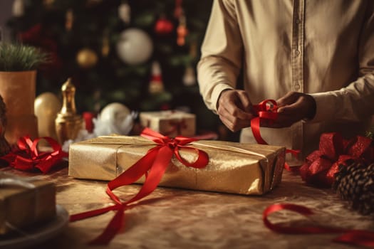 A person carefully ties a red ribbon around a golden gift, preparing it for Christmas under a decorated tree.