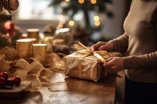 A person wraps a beautifully decorated present on a wooden table surrounded by festive decorations and warm lights.
