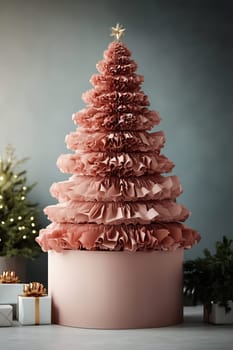 A beautifully crafted pink paper Christmas tree stands on a soft pedestal surrounded by warm holiday decorations and gifts.