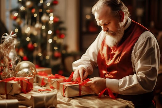 A man with a beard wraps holiday gifts elegantly, surrounded by decorations and a Christmas tree.