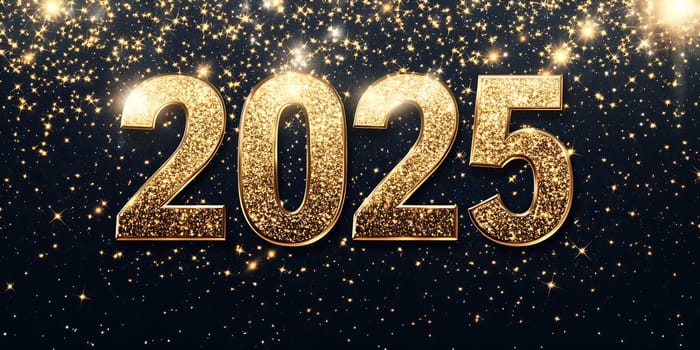 Golden 2025 numbers shine brightly against a dark background filled with glittering stars, signaling New Year's festivities.