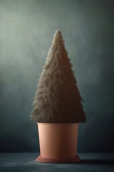 A potted evergreen tree stands prominently in a dimly lit space, showcasing its lush greenery and conical shape.