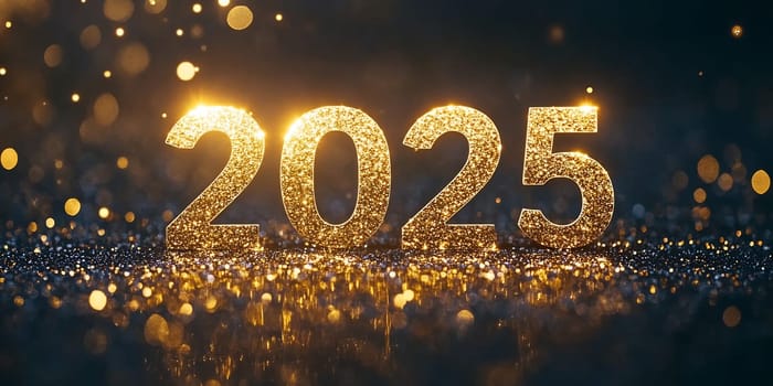 Golden numbers sparkle against a dark background, celebrating the arrival of the year 2025 with festive lights.
