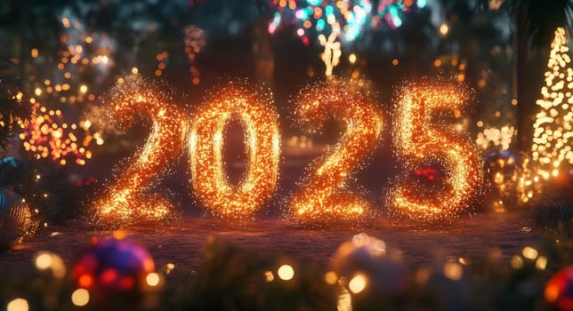 Colorful lights illuminate the night, creating a festive atmosphere as 2025 is welcomed with joy and celebration.