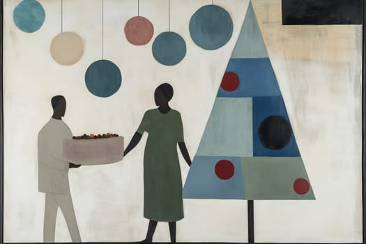 A man and woman share a joyful moment as they prepare for a festive occasion with decorations and a Christmas tree.