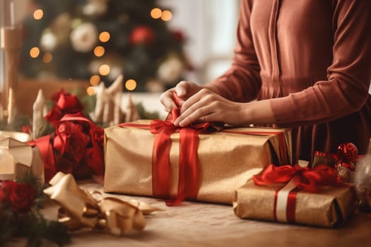 A person wraps beautifully decorated gifts with red ribbons in a cozy, holiday-themed environment, illuminated by soft lights.