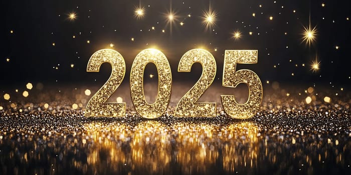 A vibrant display of shimmering golden numbers 2025 against a sparkling backdrop, heralding New Year's celebrations and festivities.