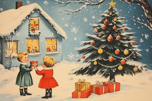 Two children joyfully exchange presents in a snowy landscape, with a decorated tree and cozy home in the background during the holiday season.