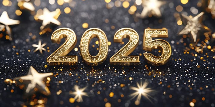 The sparkling numbers 2025 shine brightly against a dark background filled with stars, celebrating the arrival of a new year.