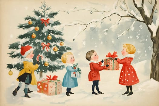 Four children enjoy the snowy Christmas season while decorating a tree and exchanging gifts in a festive winter landscape.
