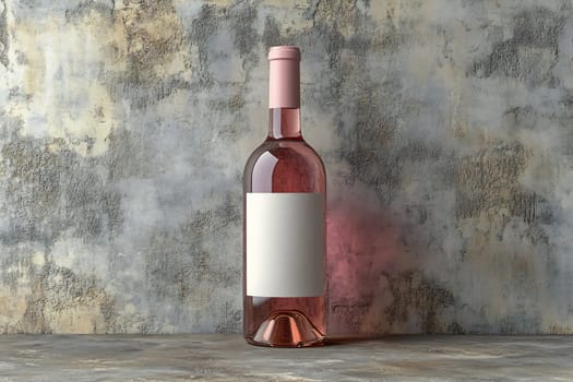 A single bottle of rose wine stands against a textured wall, showcasing its elegant design and soft pink hue.