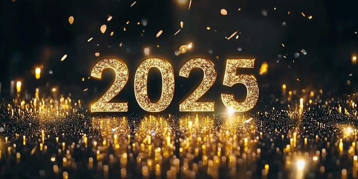 Golden numbers shimmer with sparkles, welcoming the New Year 2025 in a festive atmosphere filled with excitement and joy.