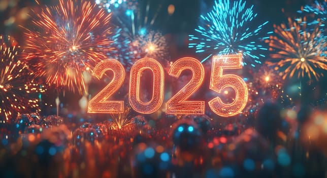 Colorful fireworks illuminate the night sky as the year 2025 is celebrated with joy and excitement.