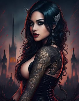 pretty young goth woman dressed in black, AI generated image