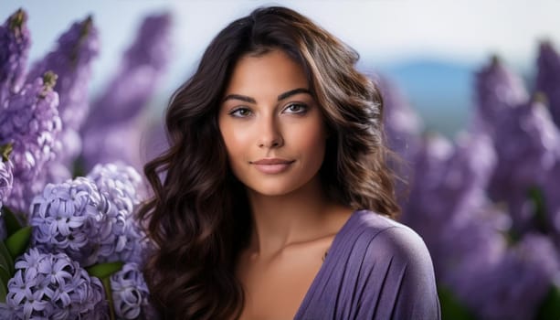 pretty young woman in hyacinth garden, AI generated image