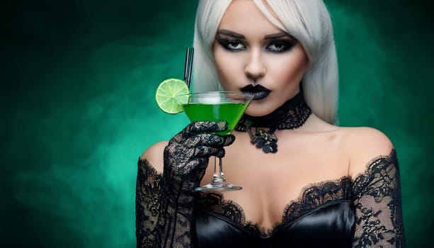 pretty young goth woman drinking, AI generated image