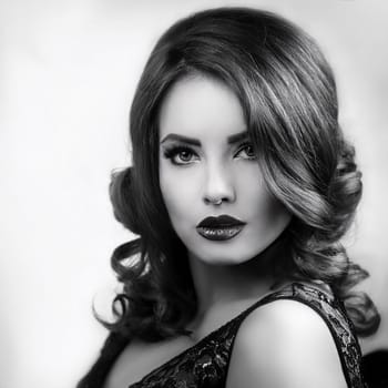 portrait of pretty young woman in black and white, AI generated image