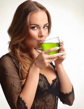 pretty young woman drinking green tea, AI generated image
