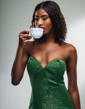 pretty young woman drinking green tea, AI generated image