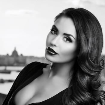 portrait of pretty young woman in black and white, AI generated image