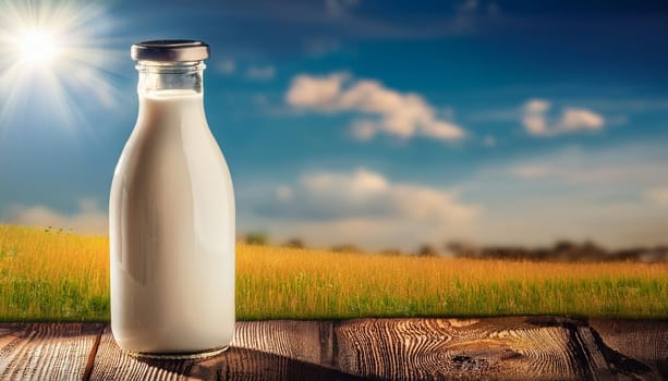 bottle of milk in natural landscape scene, AI generated image