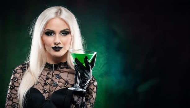 pretty young goth woman drinking, AI generated image