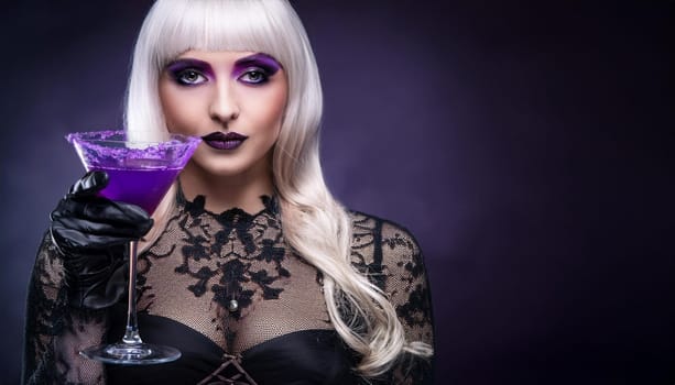 pretty young goth woman drinking, AI generated image