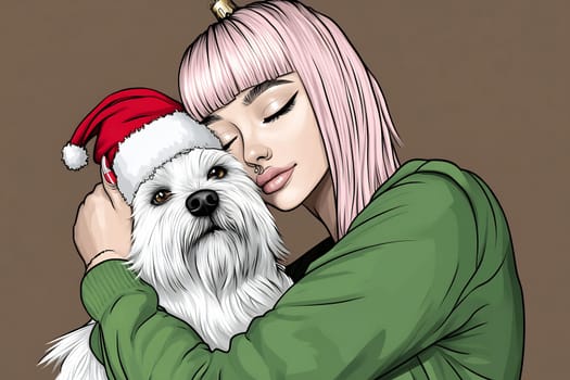 A girl with pink hair joyfully embraces a white dog adorned in a Santa hat, celebrating the festive season together.