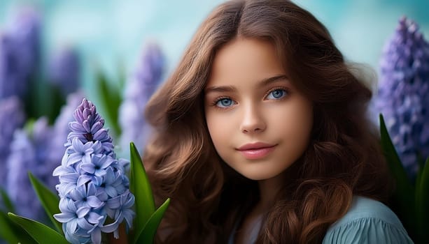 pretty young woman in hyacinth garden, AI generated image